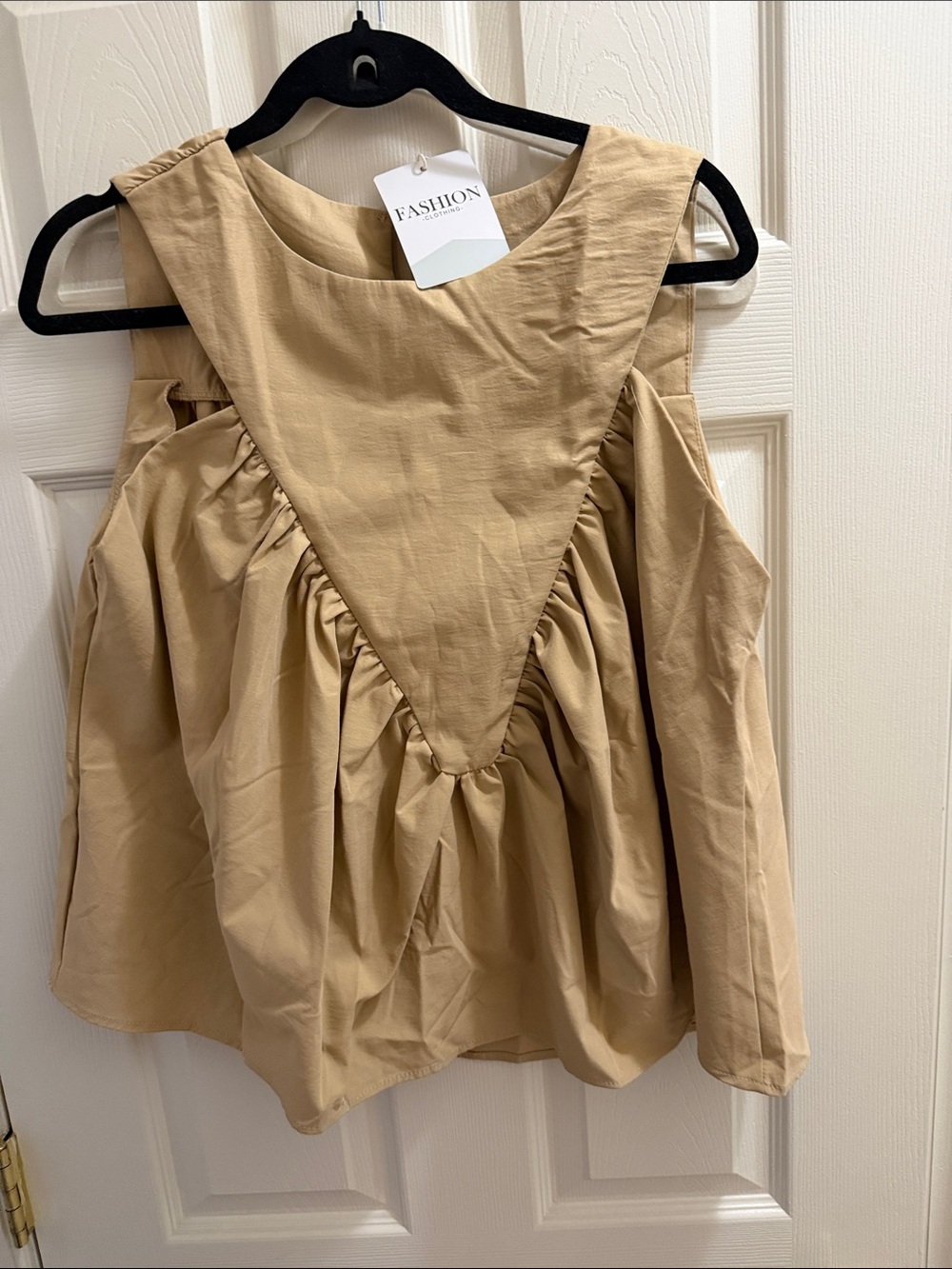 Sleeveless Tan V-Panel Ruffle Blouse